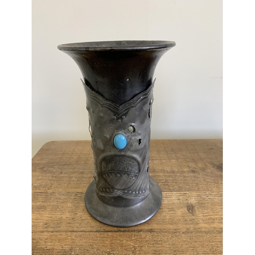 234 - A distressed Art Nouveau Bretby style vase with pewter skin and blue stone cabochon (as found) plus ... 