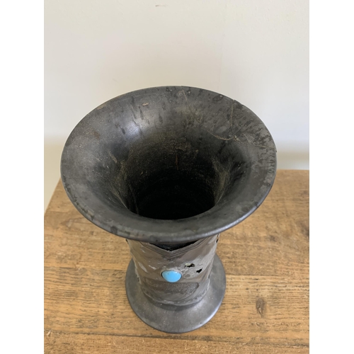 234 - A distressed Art Nouveau Bretby style vase with pewter skin and blue stone cabochon (as found) plus ... 