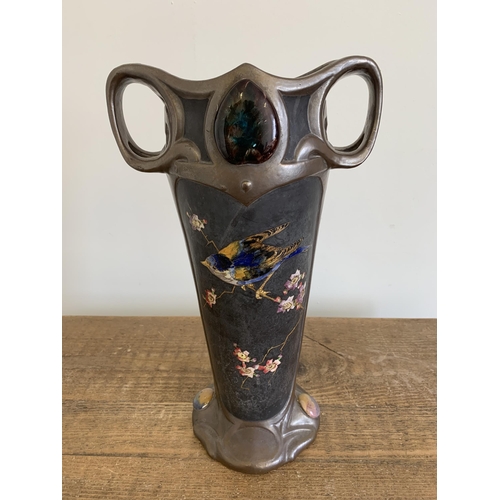 235 - An imposing Art Nouveau Bretby vase with hand painted birds with gilded outline and Ruskin style pla... 