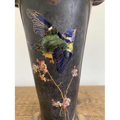 235 - An imposing Art Nouveau Bretby vase with hand painted birds with gilded outline and Ruskin style pla... 