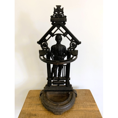 242 - A vintage cast iron cricket themed umbrella/stick stand, 32