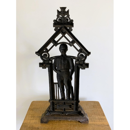 242 - A vintage cast iron cricket themed umbrella/stick stand, 32