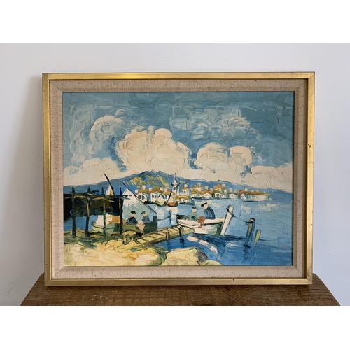 250 - A vintage framed oil on canvas of a fishing boat in a bay, appears unsigned, 21