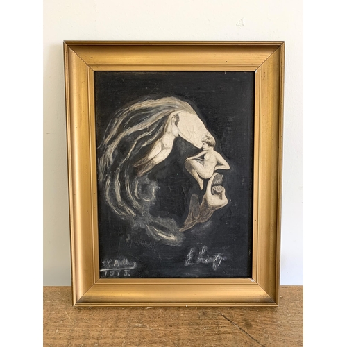 252 - A gilt framed oil on canvas of the composer Franz Liszt, the face constructed from three nude female... 