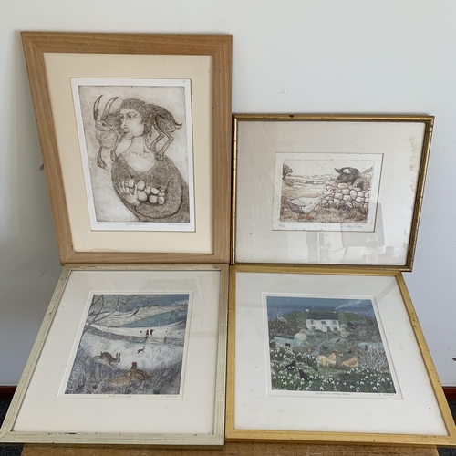 255 - Four framed artist signed prints including Mary Clare Critchley-Salmonson of a goose and pig entitle... 