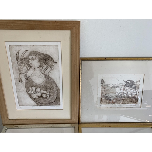 255 - Four framed artist signed prints including Mary Clare Critchley-Salmonson of a goose and pig entitle... 