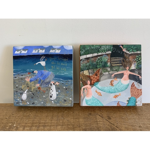 257 - A pair of Stephanie Lambourne acrylic on canvas paintings, 'In the Fish Pond' and 'Bonzo's Walk', 8