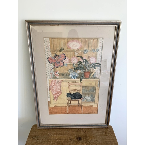 261 - A large framed and glazed watercolour of a cat in a kitchen, signed Annie Holdway May 1985, 15 1/4