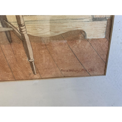 261 - A large framed and glazed watercolour of a cat in a kitchen, signed Annie Holdway May 1985, 15 1/4