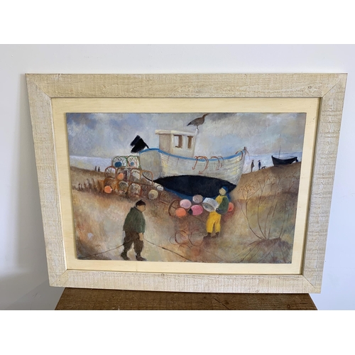 263 - Tessa Newcomb (b1955-), framed oil on board, annotated on the reverse 'Aldeburgh fishermen T.Newcomb... 