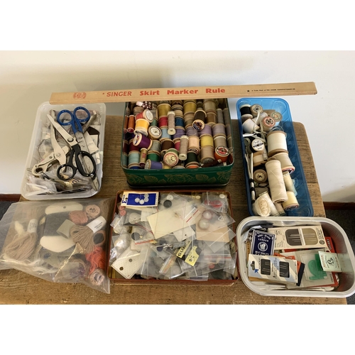 305 - A large box of mixed cottons, sewing items, scissors etc