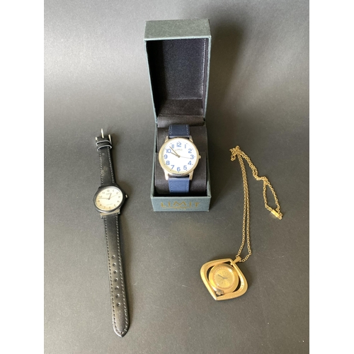 336 - A vintage Grovana ladies necklace watch, a Limit battery wristwatch with box and a Casio battery wri... 