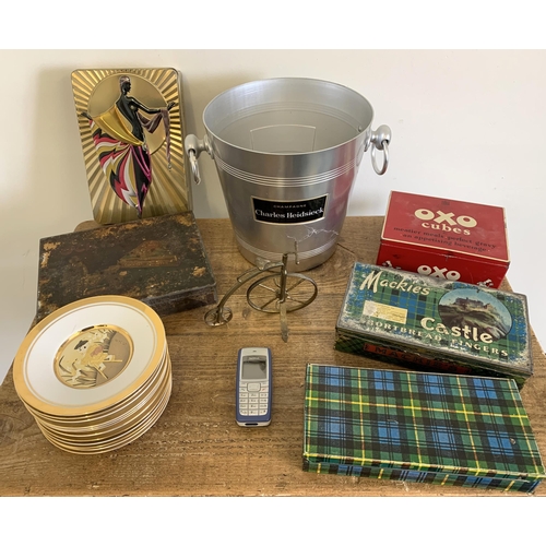 358 - A Charles Heidsieck champagne ice bucket together with vintage advertising tins, Chokin plates, vint... 