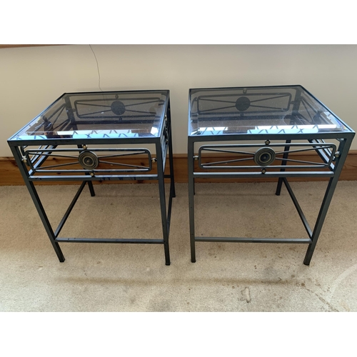 379 - A pair of metal base glass top side/coffee tables