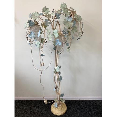 380 - A metal triple lamp with decorative leaves and grape effect lightshades, approx. 62