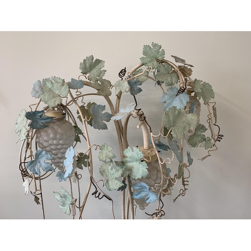 380 - A metal triple lamp with decorative leaves and grape effect lightshades, approx. 62