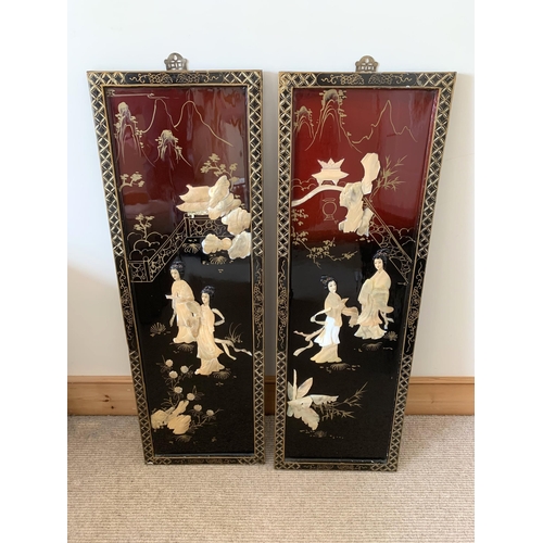 399 - A pair of vintage Chinese panels, black and red lacquered with chinoiserie decoration and inlaid wit... 