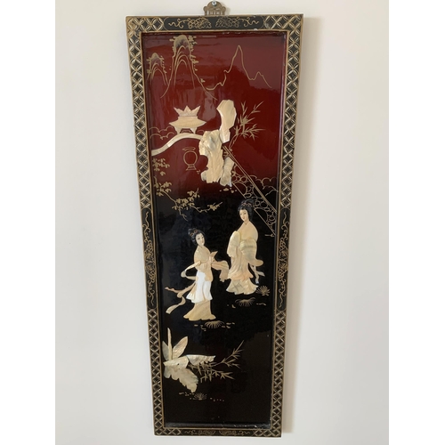 399 - A pair of vintage Chinese panels, black and red lacquered with chinoiserie decoration and inlaid wit... 