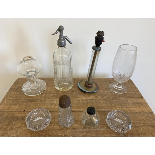 91 - Mixed glassware including a Morgans Brewery soda syphon, lamp base etc