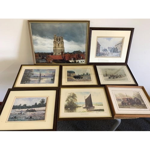 13 - A framed photograph of Beccles church plus five various sized signed Joe Crowfoot prints and two uns... 