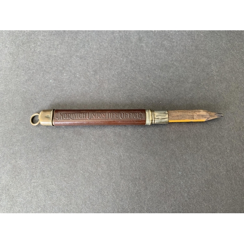 141 - A sterling silver Sampson Mordan push up pencil plus a 1908 Norwich Union Life Office Centenary penc... 