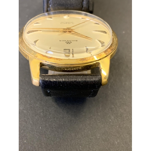 198 - A vintage Bucherer wristwatch, gold plated G10 case, on black leather strap, 32mm dia (running at th... 