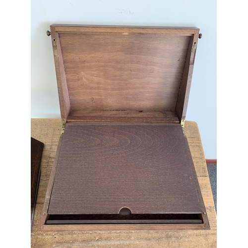 30 - A vintage mahogany writing slope with 'Remy Martin Cognac' red leather interior plus an antique form... 