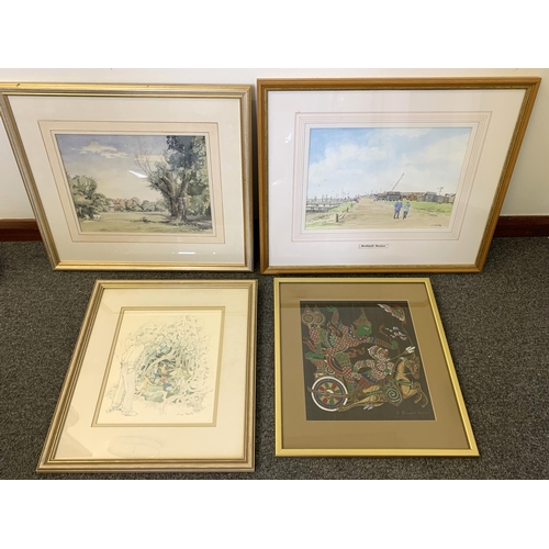 348 - Four mixed framed and glazed pictures including a watercolour of Southwold harbour signed G Coleby 1... 