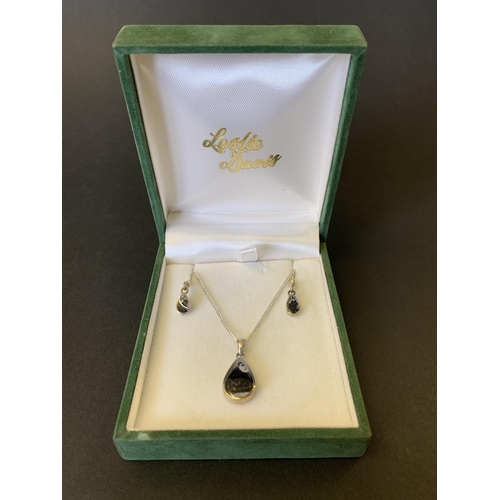 106 - A boxed Leslie David 925 sterling silver and Blue John stone set pendant with matching earrings