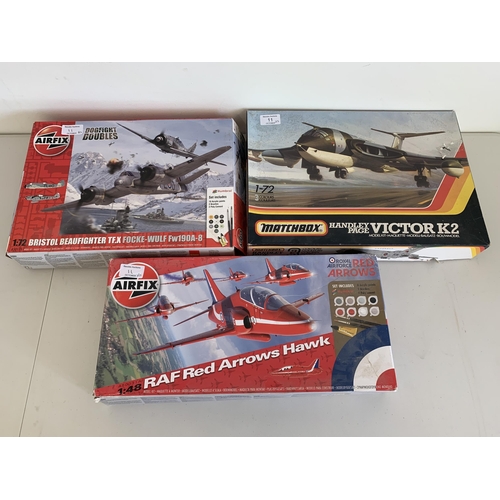 11 - Matchbox 'Handley Page Victor KZ' model kit plus two Airfix kits, RAF Red Arrows Hawk and Bristol Be... 