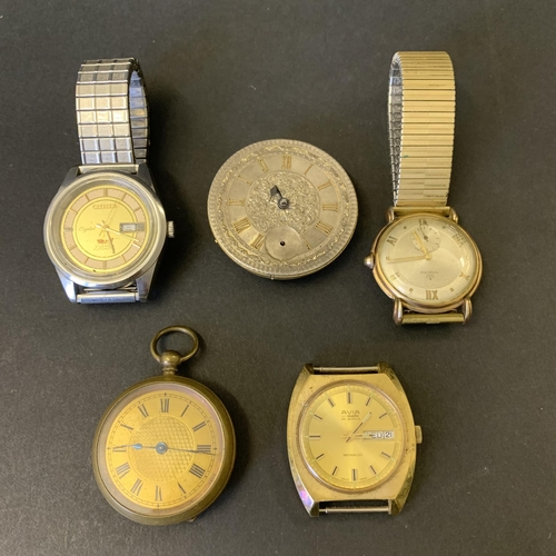 116 - A mixed lot of watches, two pocket watches and three wristwatches, Avia, Citizen and Worth (all for ... 