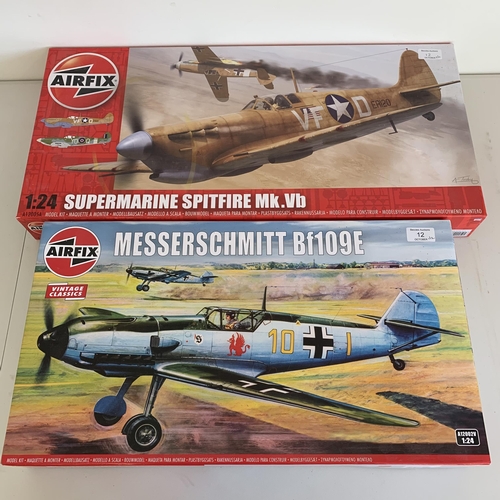 12 - Airfix 1:24 scale Supermarine Spitfire Mk.V6 No.A12005A model kit plus a Messerschmitt BF109E kit No... 