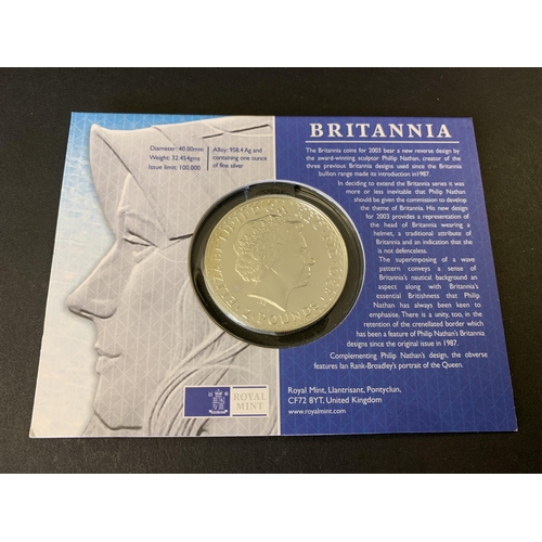 126 - A cased 2003 Royal Mint Britannia two pound coin, one ounce of fine silver