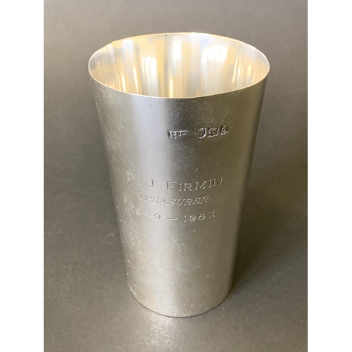 135 - A hallmarked silver award beaker, bears emblem for London Athletics Club and engraved 'P J Firmin Tr... 