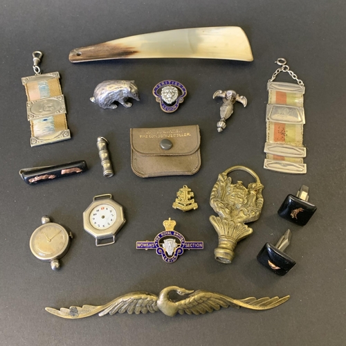 140 - Mixed items including two white metal watches (as found), two German 1930/31 white metal fobs etc