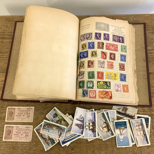 143 - Vintage world stamp albums, sparse filled plus a small selection of cigarette cards