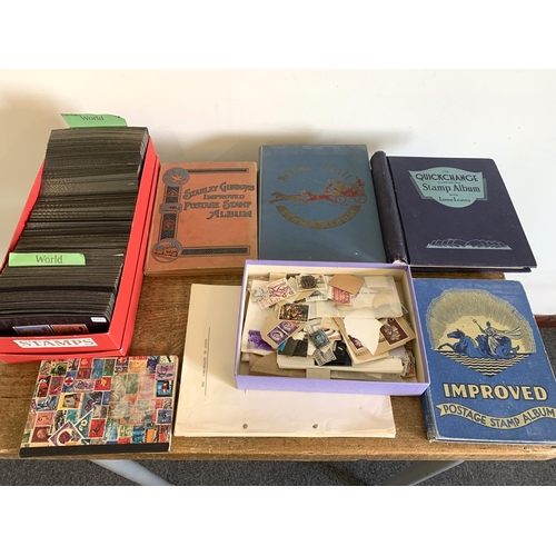 164 - Three sparse filled vintage UK and world stamp albums plus boxed, loose and a large collection of ca... 