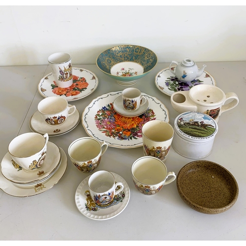 173 - A box of mixed ceramics including a Minton footed bowl, Royal commemoratives, Royal Albert limited e... 