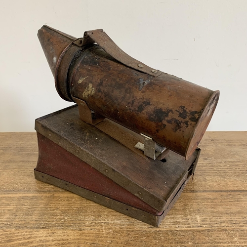 218 - Antique copper and wood bee smoker, good bellows, approx. 10