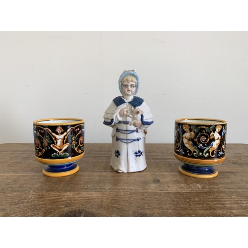 220 - A pair of antique 'Gien' French Faience Fontainebleau beakers (one with chip to foot), a porcelain n... 