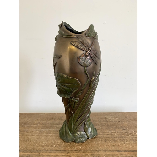 222 - An Art Nouveau style faux metal vase decorated with dragonflies, 11 1/2