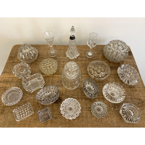 232 - Mixed glassware including salts, a silver banded bottle and an antique hand blown cordial glass