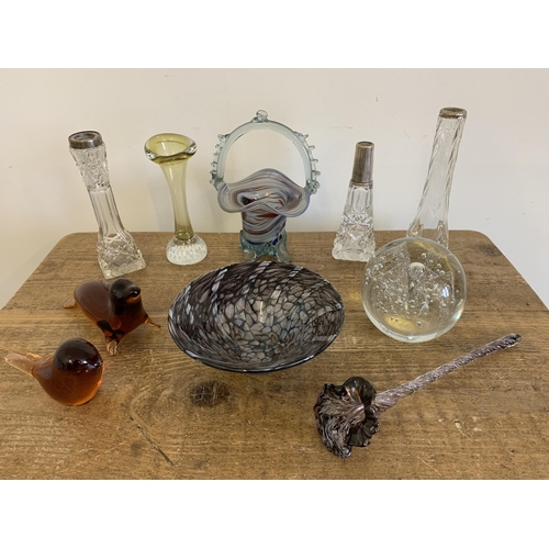 237 - A selection of mixed glassware including a large paperweight, silver rim vases etc