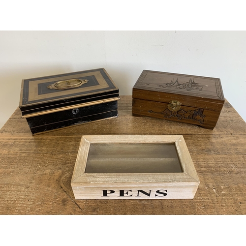 241 - An Oriental wooden jewellery box plus a wooden 'Pens' box and a metal cash tin (no key)