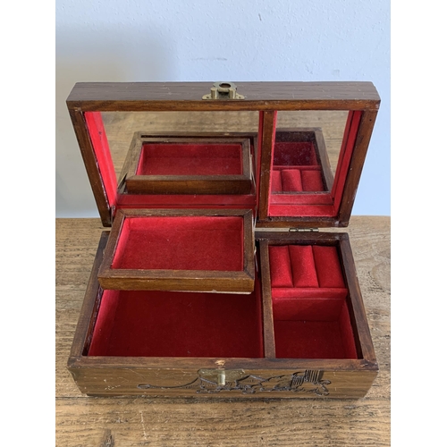 241 - An Oriental wooden jewellery box plus a wooden 'Pens' box and a metal cash tin (no key)