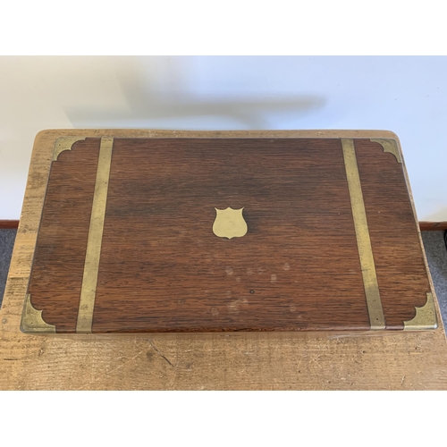 302 - A large brass banded mahogany writing/travelling box, interior with replacement leather, 17 1/2