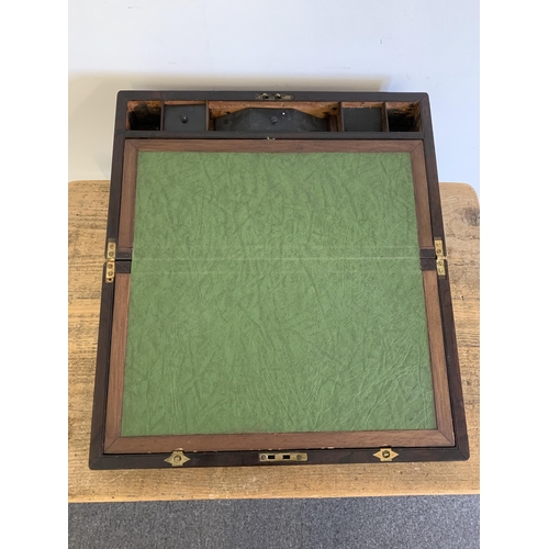 302 - A large brass banded mahogany writing/travelling box, interior with replacement leather, 17 1/2