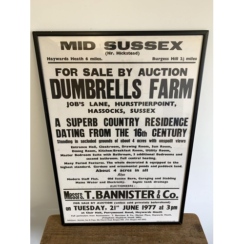 315 - A large framed and glazed Property Auction poster 1977, The Sale of Dumbrells Farm at Hurstpierpoint... 