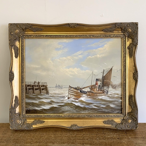 322 - A framed oil on board by Keith W Hastings of fishing vessel YH370 'Darcy Cooper', the vessel command... 