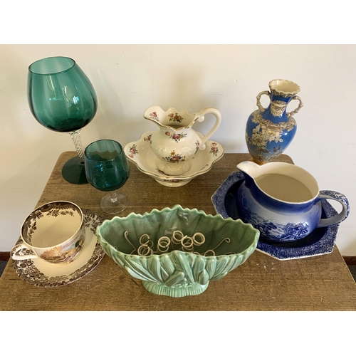 332 - A box of mixed ceramics and glass including a Japanese vase, Palissy large cup and saucer, large bra... 